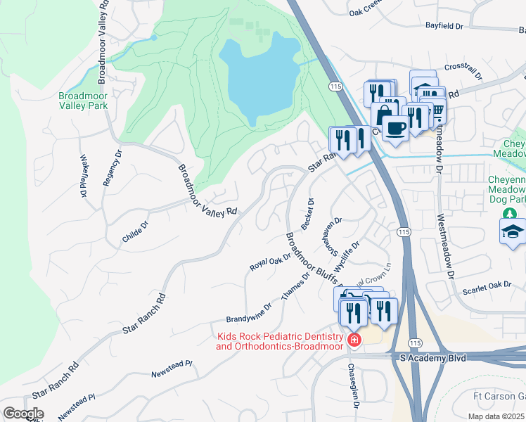 map of restaurants, bars, coffee shops, grocery stores, and more near 4095 Autumn Heights Drive in Colorado Springs