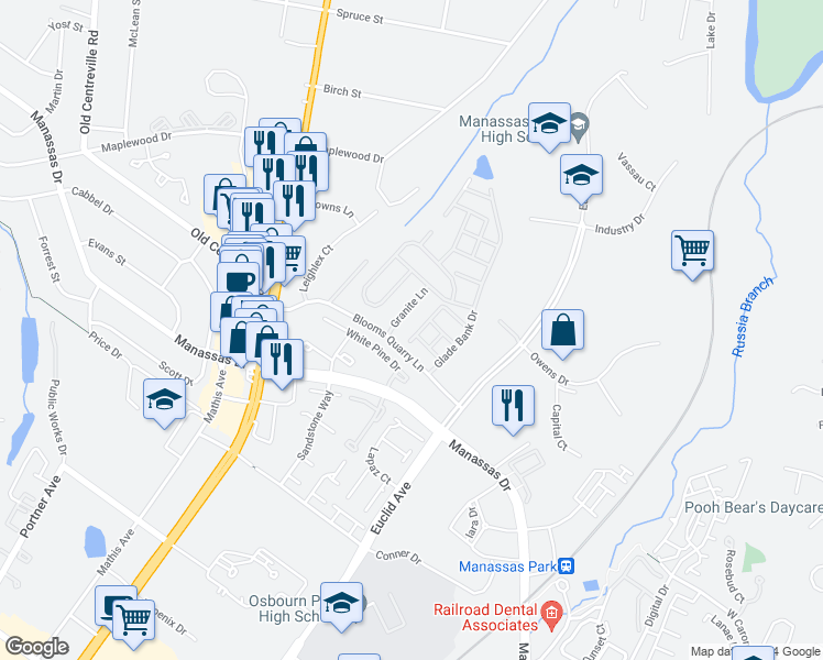 map of restaurants, bars, coffee shops, grocery stores, and more near 8162 Rainwater Circle in Manassas