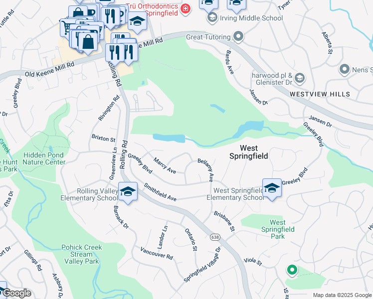 map of restaurants, bars, coffee shops, grocery stores, and more near 8106 Ashtonbirch Drive in West Springfield