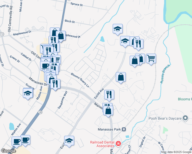 map of restaurants, bars, coffee shops, grocery stores, and more near 8105 Rainwater Circle in Manassas