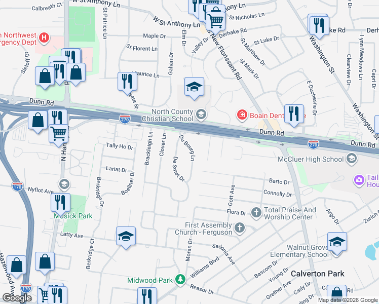 map of restaurants, bars, coffee shops, grocery stores, and more near 125 Du Bourg Lane in Florissant