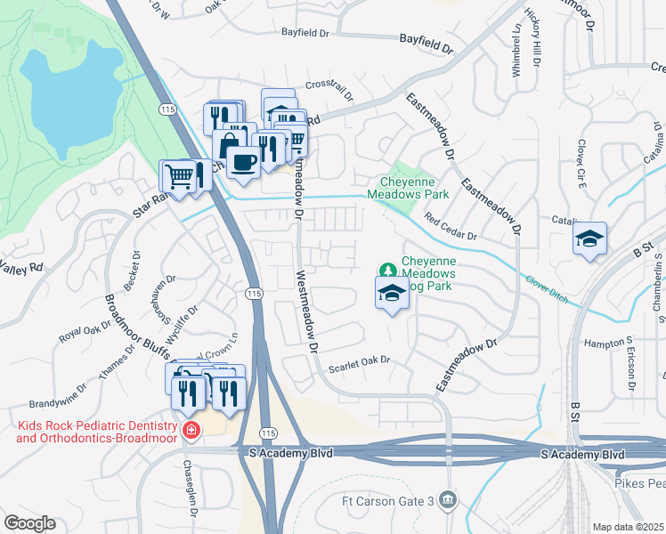 map of restaurants, bars, coffee shops, grocery stores, and more near 4075 Westmeadow Drive in Colorado Springs
