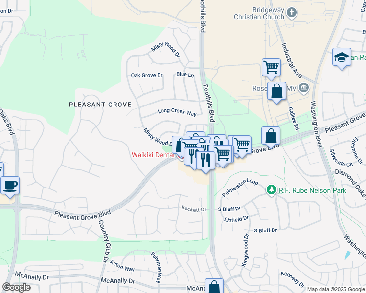 map of restaurants, bars, coffee shops, grocery stores, and more near 1420 Southwood Way in Roseville