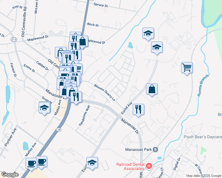 map of restaurants, bars, coffee shops, grocery stores, and more near 8162 Rainwater Circle in Manassas