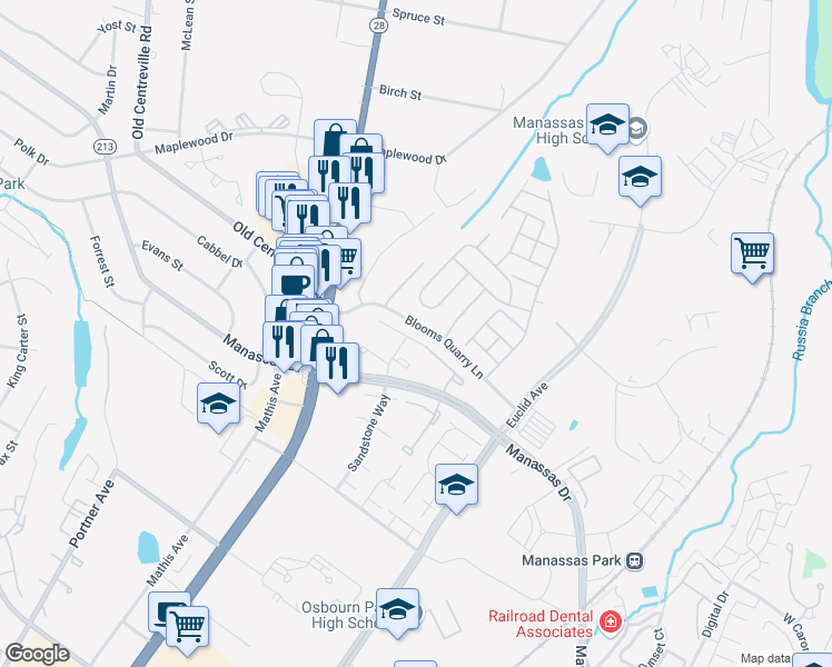map of restaurants, bars, coffee shops, grocery stores, and more near 8288 White Pine Drive in Manassas