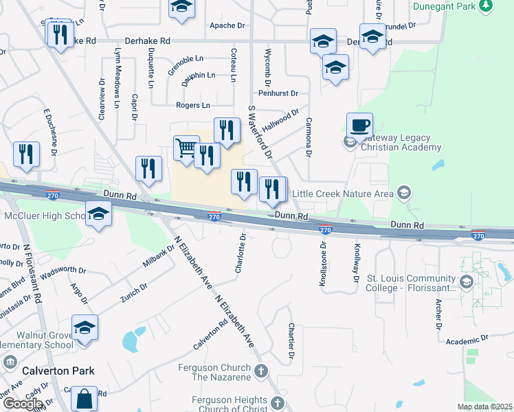 map of restaurants, bars, coffee shops, grocery stores, and more near 1433 Stonebury Court in Florissant