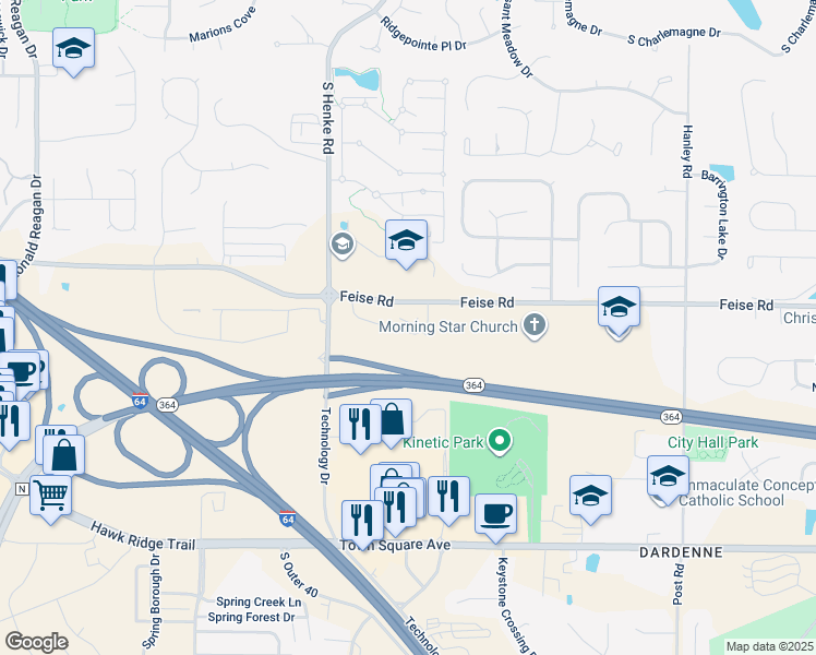 map of restaurants, bars, coffee shops, grocery stores, and more near 307 Stonewall Creek Drive in O'Fallon