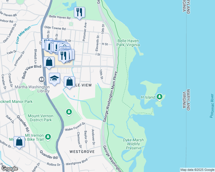 map of restaurants, bars, coffee shops, grocery stores, and more near 6622 10th Street in Alexandria