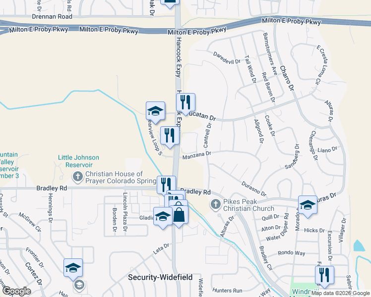 map of restaurants, bars, coffee shops, grocery stores, and more near 4820 Manzana Drive in Colorado Springs