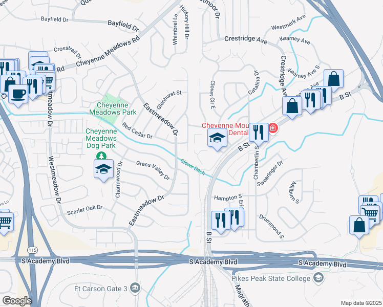 map of restaurants, bars, coffee shops, grocery stores, and more near 4045 Meadowdale Place in Colorado Springs