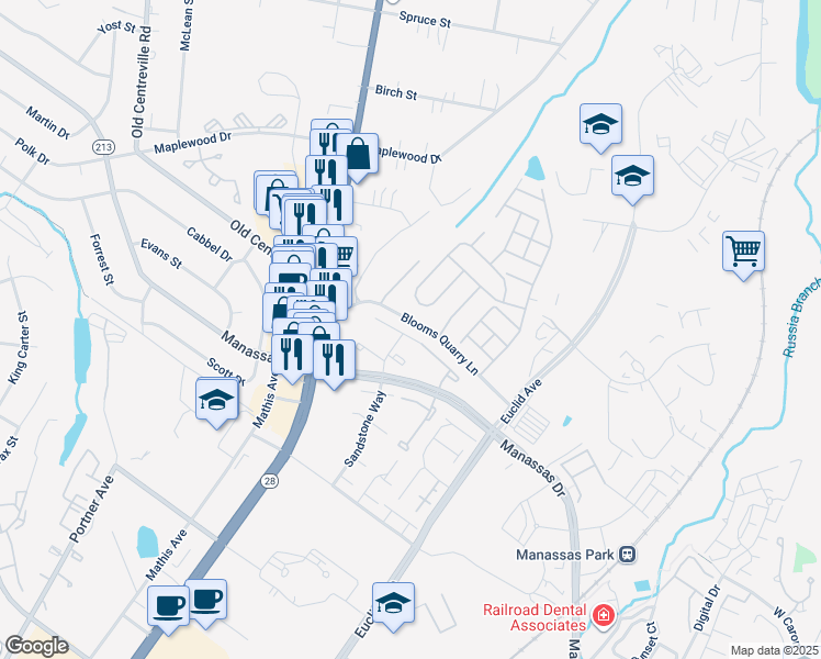 map of restaurants, bars, coffee shops, grocery stores, and more near 8288 White Pine Drive in Manassas