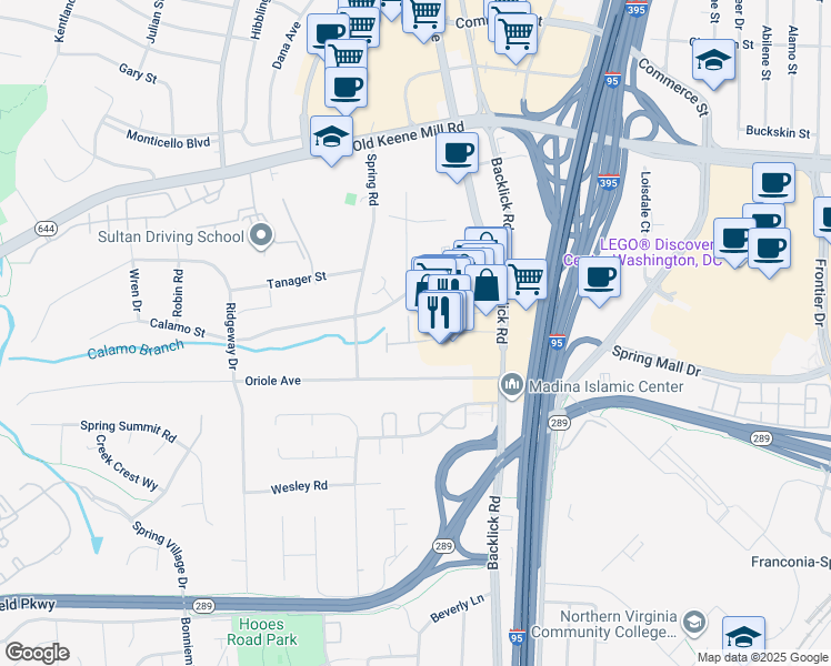 map of restaurants, bars, coffee shops, grocery stores, and more near 7087 Spring Garden Drive in Springfield