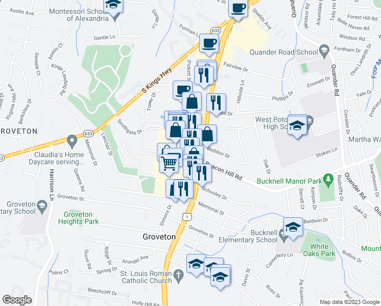 map of restaurants, bars, coffee shops, grocery stores, and more near 6640 Richmond Highway in Alexandria
