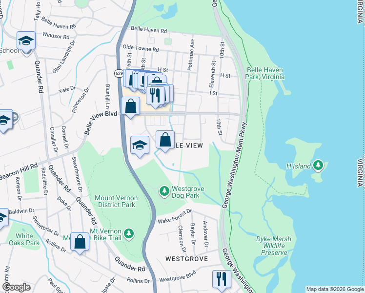 map of restaurants, bars, coffee shops, grocery stores, and more near Potomac Ave & Wakefield Dr in Belle Haven