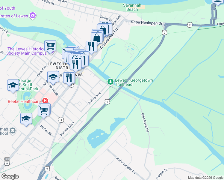 map of restaurants, bars, coffee shops, grocery stores, and more near 173-189 Gills Neck Road in Lewes