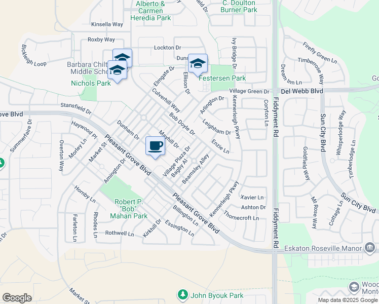 map of restaurants, bars, coffee shops, grocery stores, and more near 3168 Village Plaza Drive in Roseville