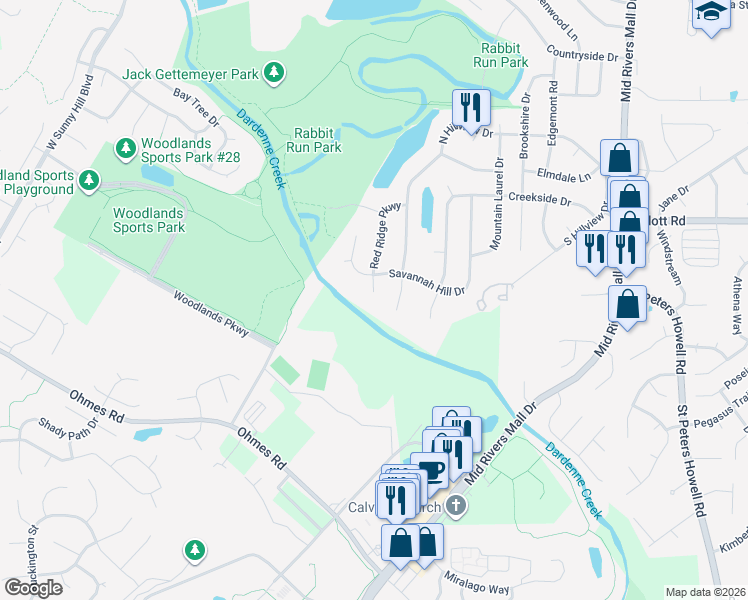 map of restaurants, bars, coffee shops, grocery stores, and more near 7 Warm Springs Court in St. Peters