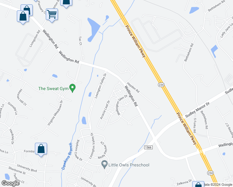 map of restaurants, bars, coffee shops, grocery stores, and more near 8500 Wellington Road in Old Town Manassas