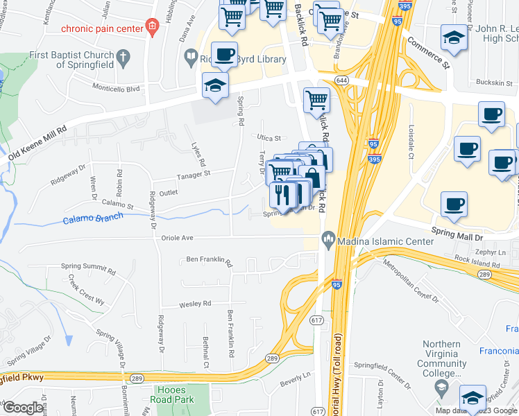 map of restaurants, bars, coffee shops, grocery stores, and more near 7095 Spring Garden Drive in Springfield