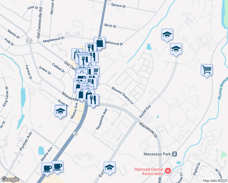 map of restaurants, bars, coffee shops, grocery stores, and more near 8290 White Pine Drive in Manassas Park
