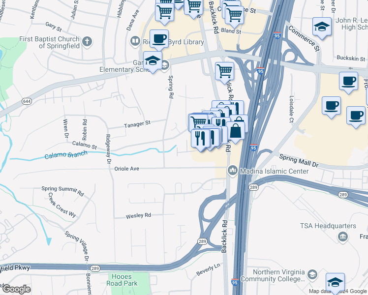 map of restaurants, bars, coffee shops, grocery stores, and more near 7095 Spring Garden Drive in Springfield