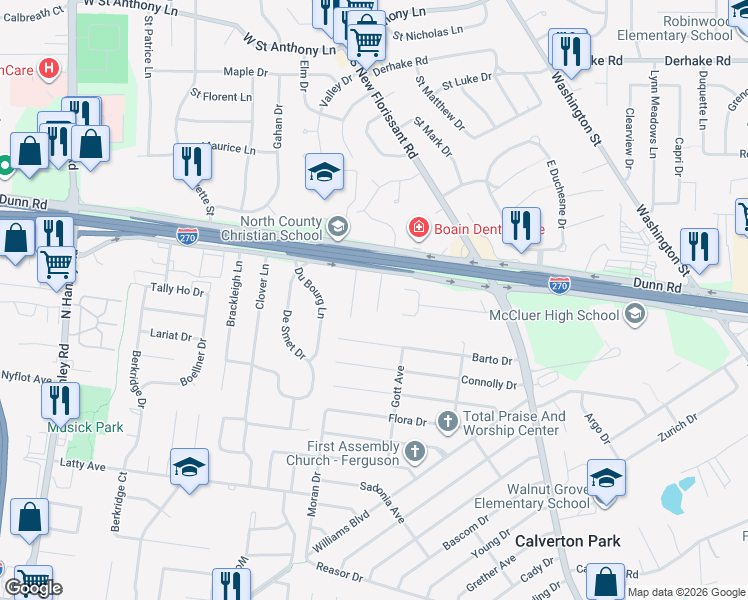 map of restaurants, bars, coffee shops, grocery stores, and more near 75 La Havre Circle in Florissant