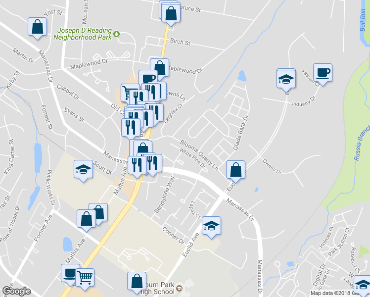 map of restaurants, bars, coffee shops, grocery stores, and more near 8290 White Pine Drive in Manassas Park