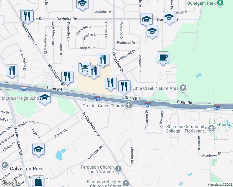 map of restaurants, bars, coffee shops, grocery stores, and more near 1433 Stonebury Court in Florissant