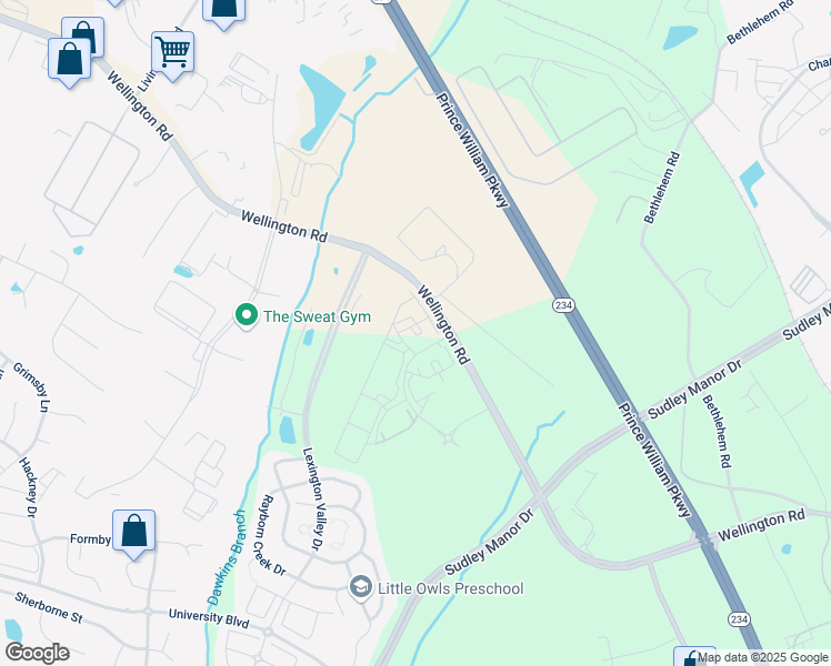 map of restaurants, bars, coffee shops, grocery stores, and more near 7700 Wellington Road in Manassas