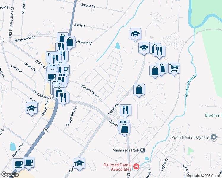 map of restaurants, bars, coffee shops, grocery stores, and more near 8105 Rainwater Circle in Manassas