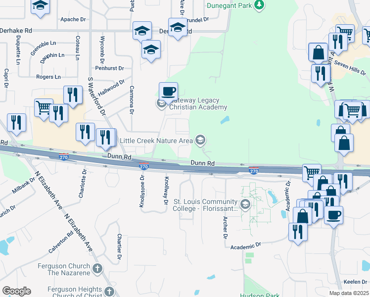 map of restaurants, bars, coffee shops, grocery stores, and more near 1642 Summer Run Drive in Florissant