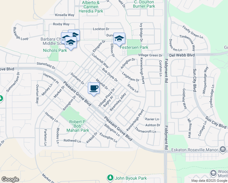 map of restaurants, bars, coffee shops, grocery stores, and more near 3168 Village Plaza Drive in Roseville