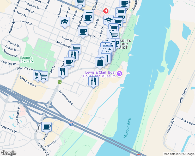 map of restaurants, bars, coffee shops, grocery stores, and more near 1109 South Main Street in Saint Charles