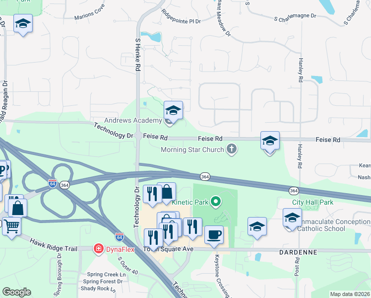 map of restaurants, bars, coffee shops, grocery stores, and more near 307 Stonewall Creek Drive in O'Fallon