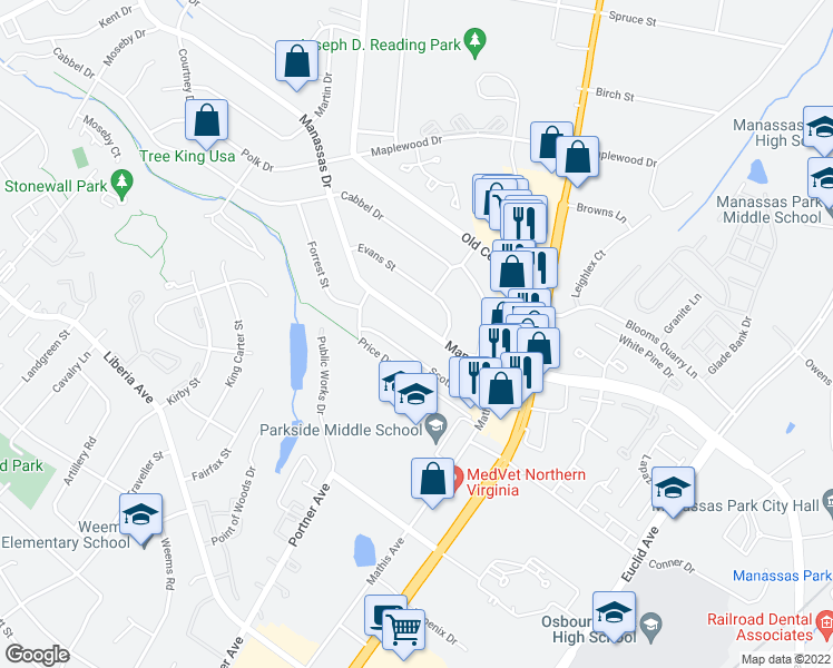 map of restaurants, bars, coffee shops, grocery stores, and more near 127 Manassas Drive in Manassas Park