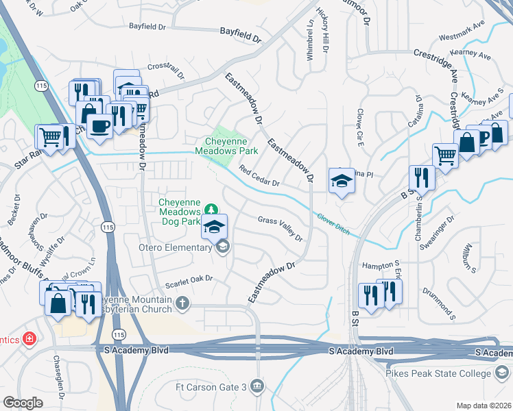 map of restaurants, bars, coffee shops, grocery stores, and more near 1320 Canoe Creek Drive North in Colorado Springs