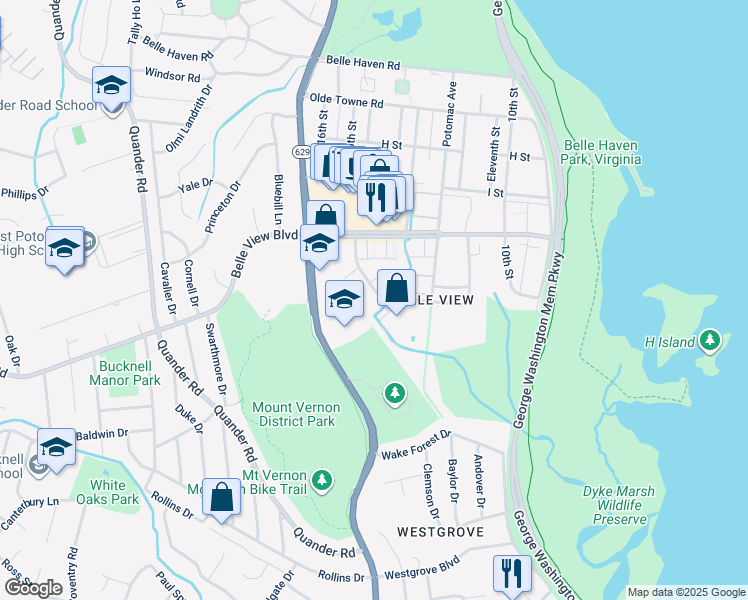 map of restaurants, bars, coffee shops, grocery stores, and more near 6701 West Wakefield Drive in Alexandria