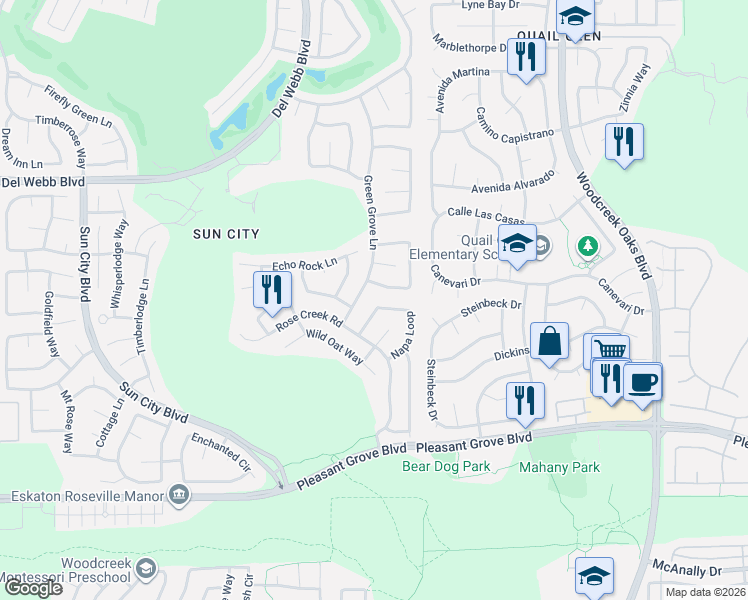 map of restaurants, bars, coffee shops, grocery stores, and more near 5065 Green Grove Lane in Roseville