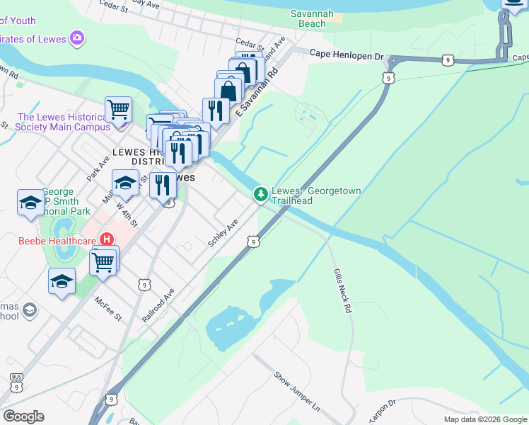 map of restaurants, bars, coffee shops, grocery stores, and more near 173-189 Gills Neck Road in Lewes