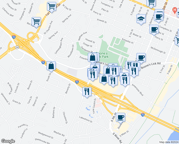 map of restaurants, bars, coffee shops, grocery stores, and more near 1003 Fairgrounds Road in Saint Charles
