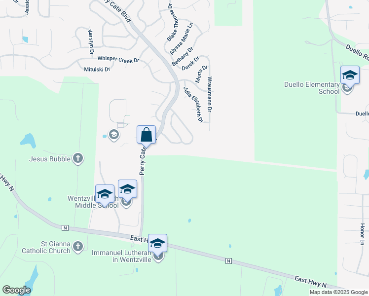 map of restaurants, bars, coffee shops, grocery stores, and more near 459 Kaylene Drive in Wentzville