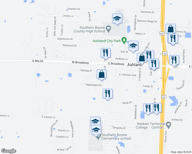 map of restaurants, bars, coffee shops, grocery stores, and more near 110 Church Street in Ashland