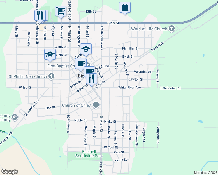 map of restaurants, bars, coffee shops, grocery stores, and more near 300 Durbin Street in Bicknell