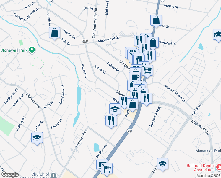 map of restaurants, bars, coffee shops, grocery stores, and more near 127 Manassas Drive in Manassas Park
