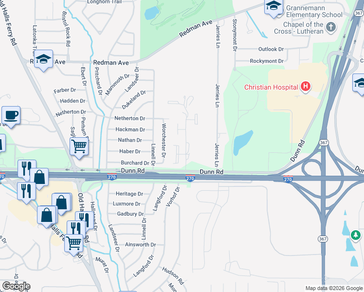 map of restaurants, bars, coffee shops, grocery stores, and more near 11109 Towering Pines Drive in St. Louis
