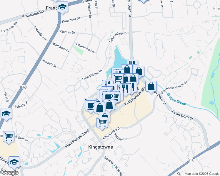 map of restaurants, bars, coffee shops, grocery stores, and more near 5911 Kingstowne Village Parkway in Alexandria