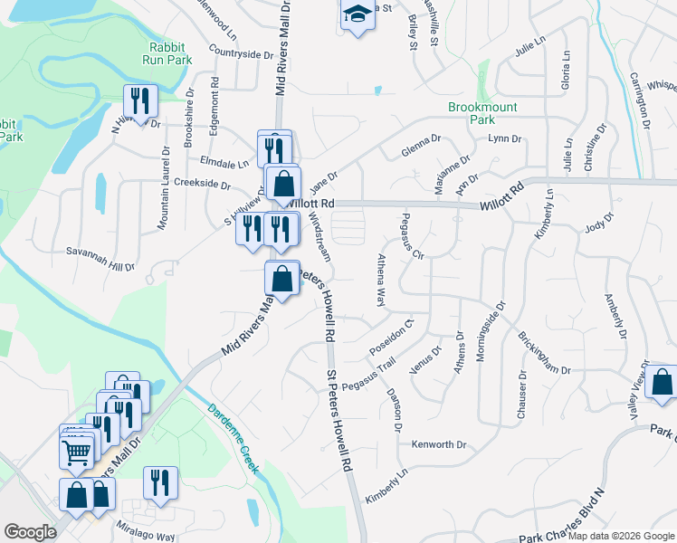 map of restaurants, bars, coffee shops, grocery stores, and more near 1016 Windstream in St. Peters