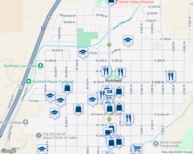 map of restaurants, bars, coffee shops, grocery stores, and more near 347 100 West in Richfield