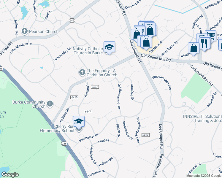 map of restaurants, bars, coffee shops, grocery stores, and more near 6656 Newchandler Court in Burke