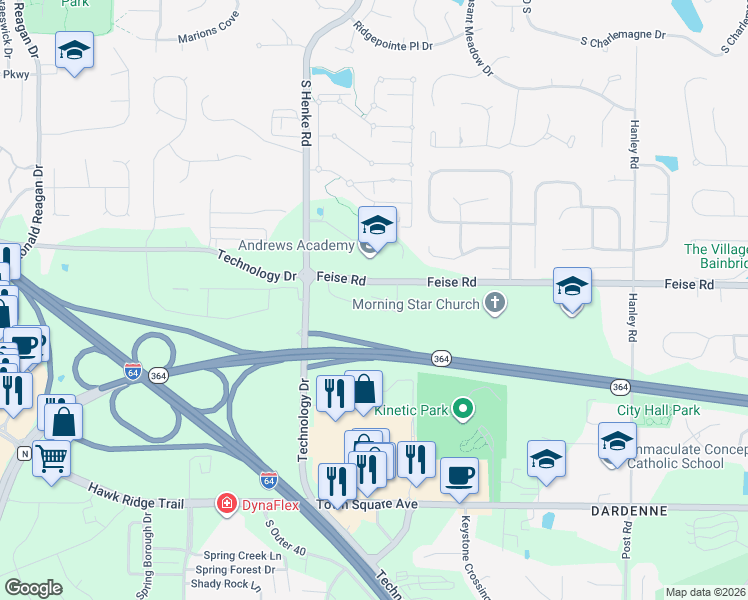 map of restaurants, bars, coffee shops, grocery stores, and more near 303 Stonewall Creek Drive in Dardenne Prairie